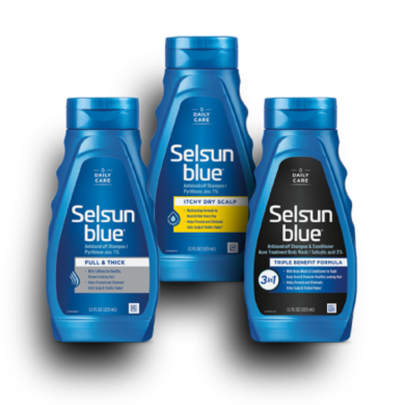 Assortment of Selsun blue® shampoos recommended for daily dandruff prevention