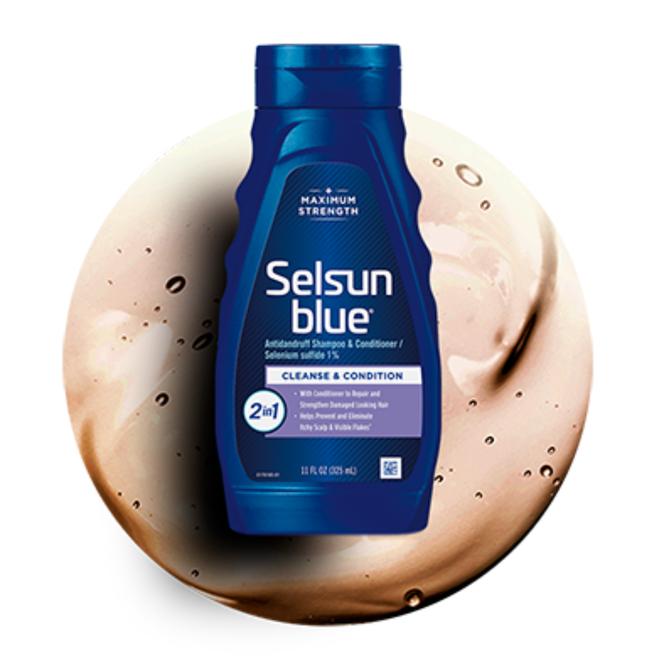 Image of product bottle over a circle of orange shampoo.