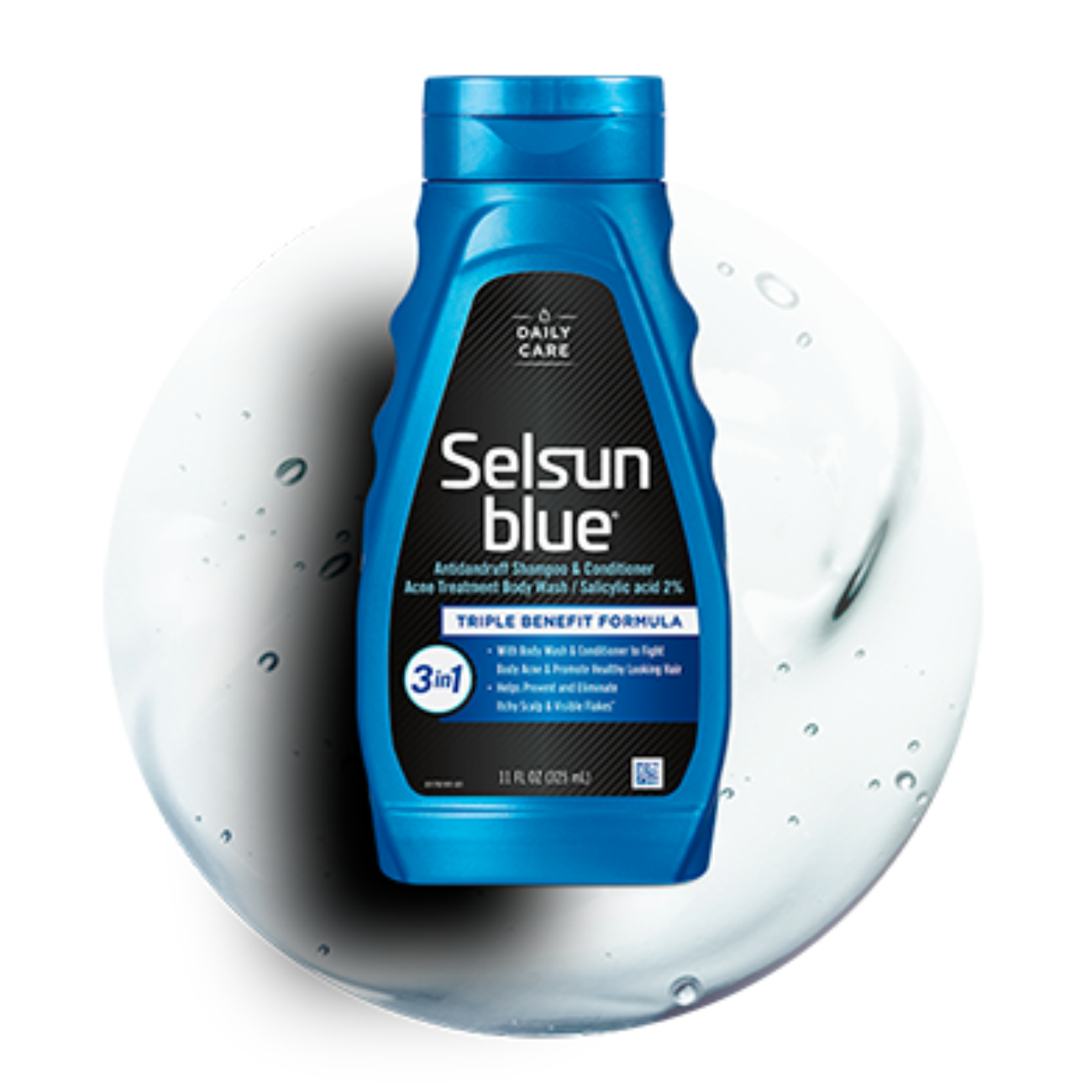 Picture of the product bottle over a circle of clear shampoo.