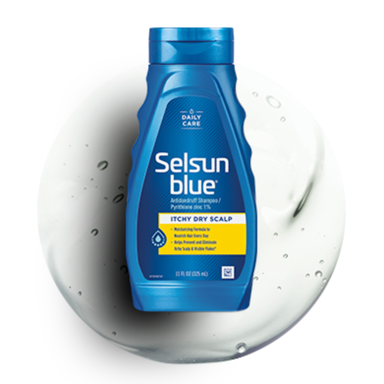 Image of product bottle over a circle of pearl white shampoo.