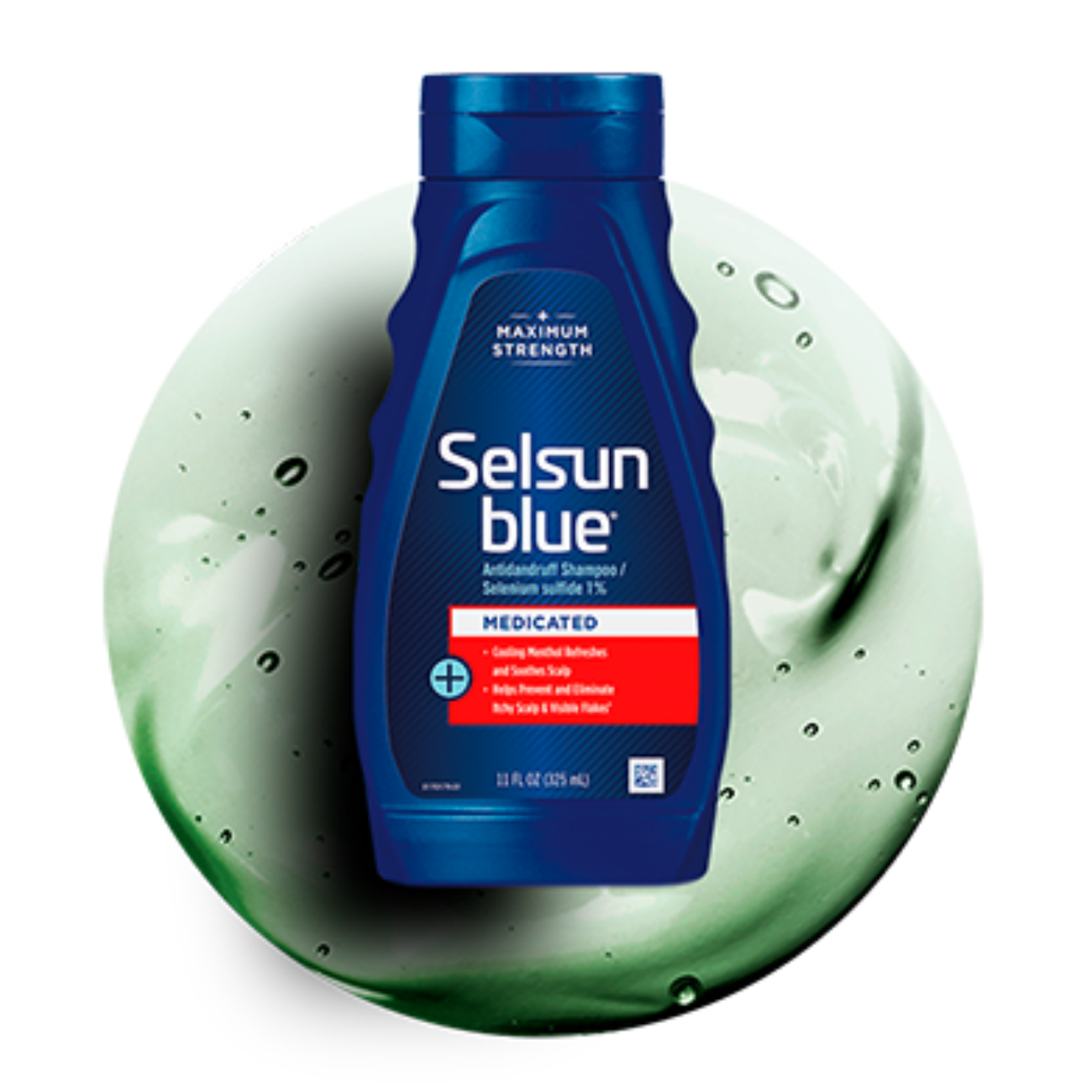 Image of product bottle over a circle of green shampoo.