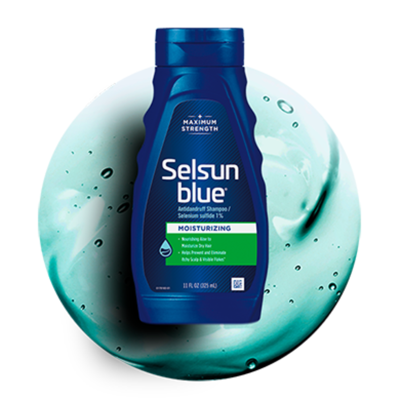 Image of product bottle over a circle of mint green shampoo.