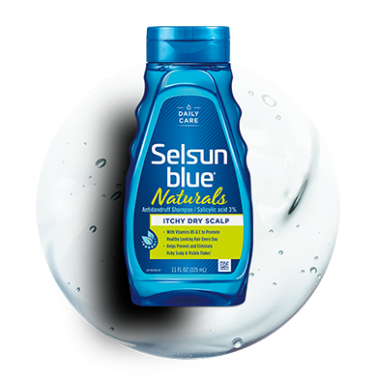 Picture of the product bottle over a circle of clear shampoo.