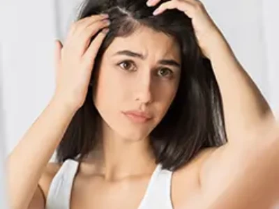 A standing woman looking in a mirror while checking the roots of her long, dark hair.