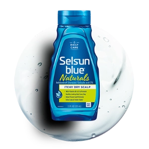 Bottle of Selsun blue® Naturals shampoo.