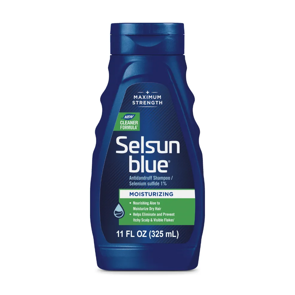 Packaging of Selsun blue® Moisturizing Antidandruff Shampoo bottle and benefit statements.