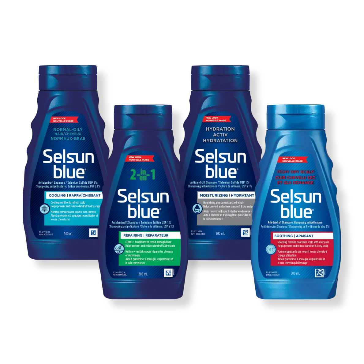 Assortment of Selsun Blue® shampoos recommended for daily dandruff prevention