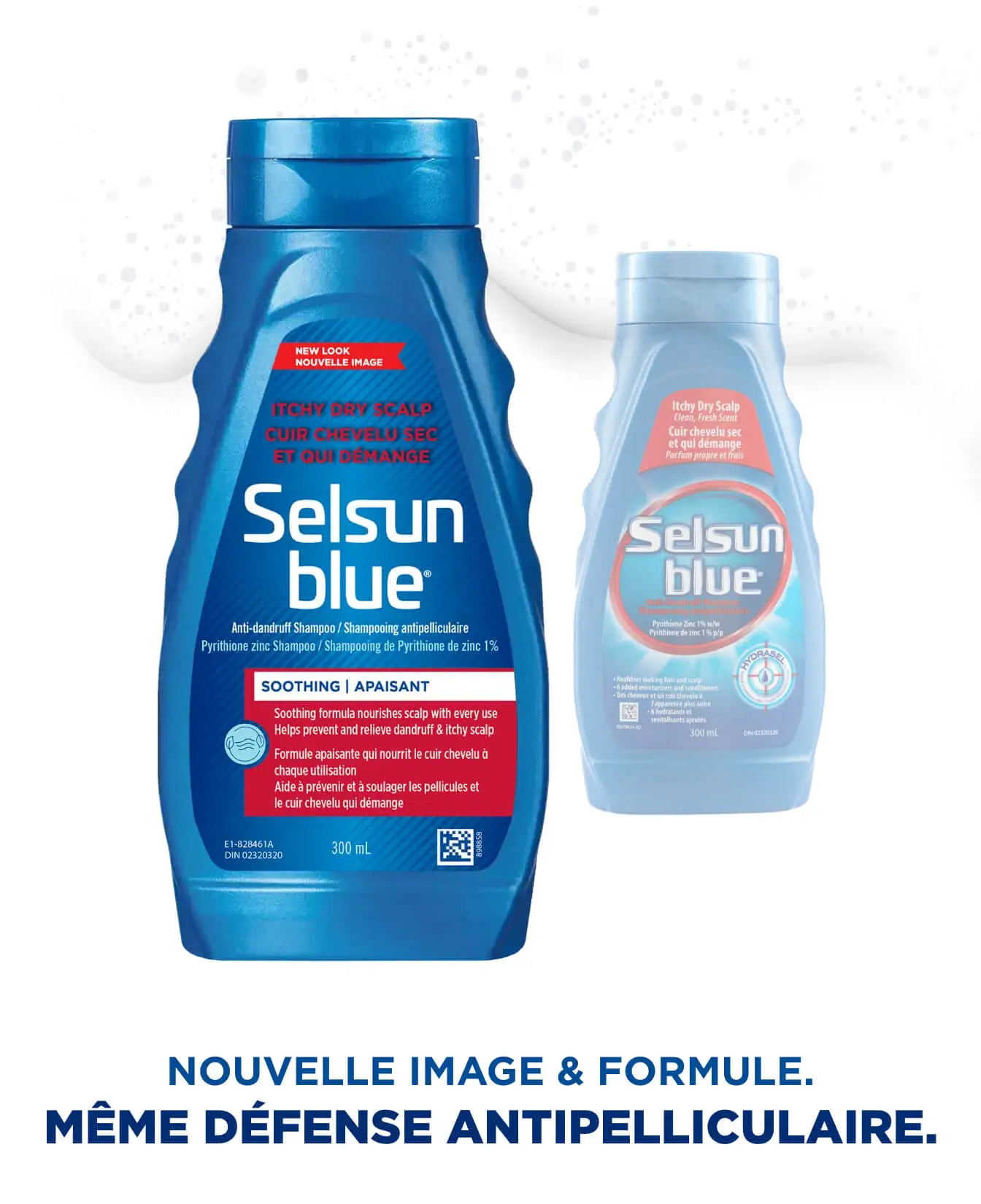 Le devant d'une bouteille de shampooing antipelliculaire Cuir chevelu sec et qui démange