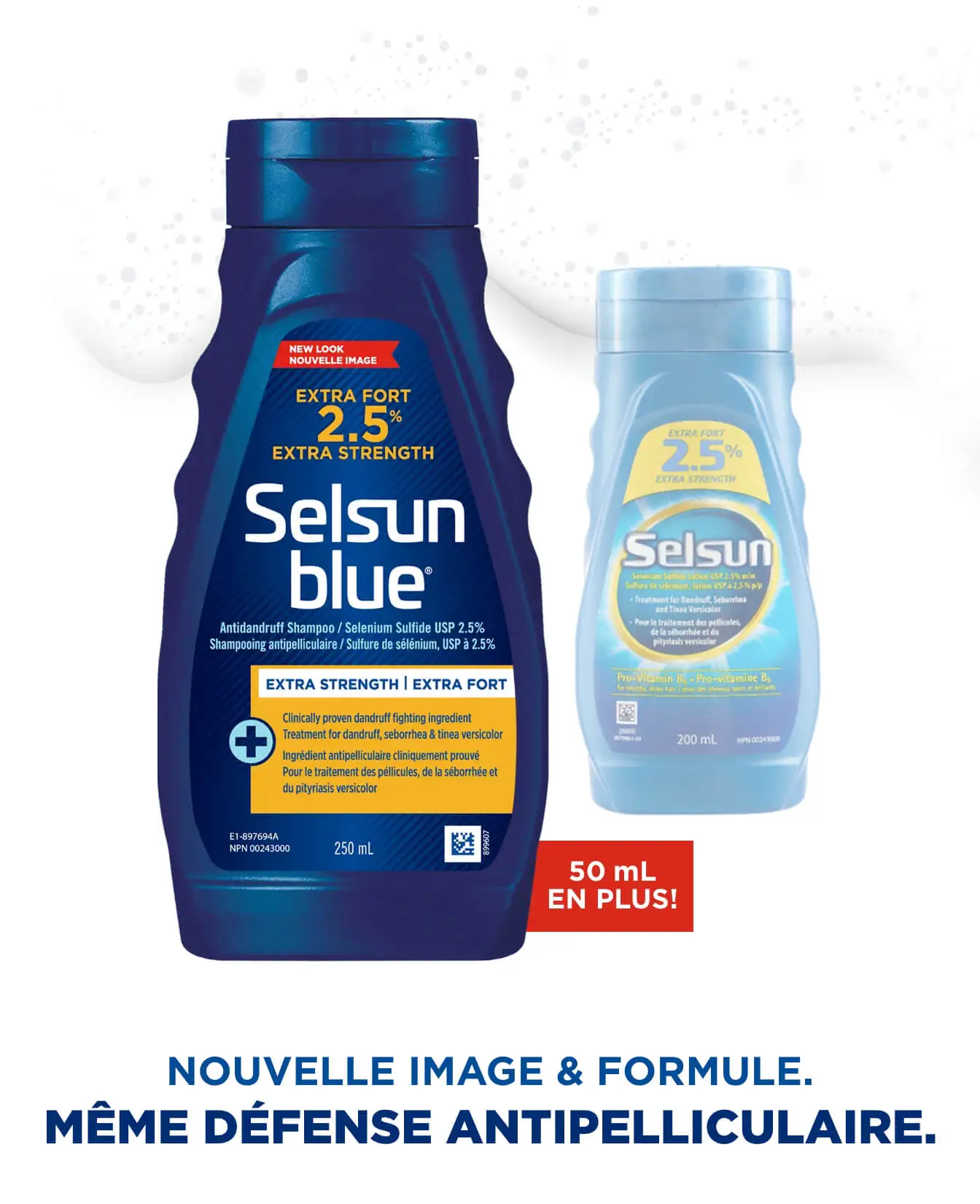 Le devant de la bouteille de shampooing Extra fort 2,5 %